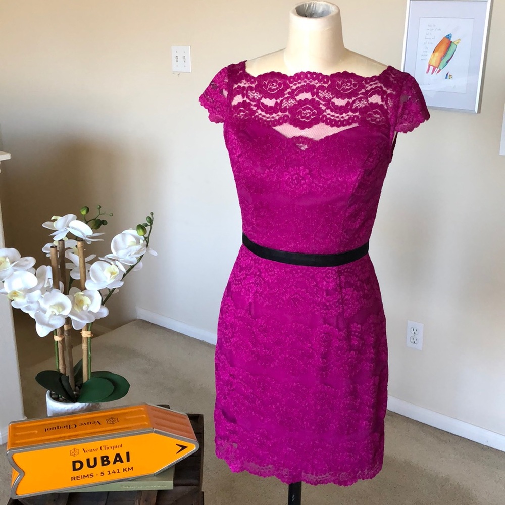 HAILEY LOGAN fuchsia lace stretch sheath dress